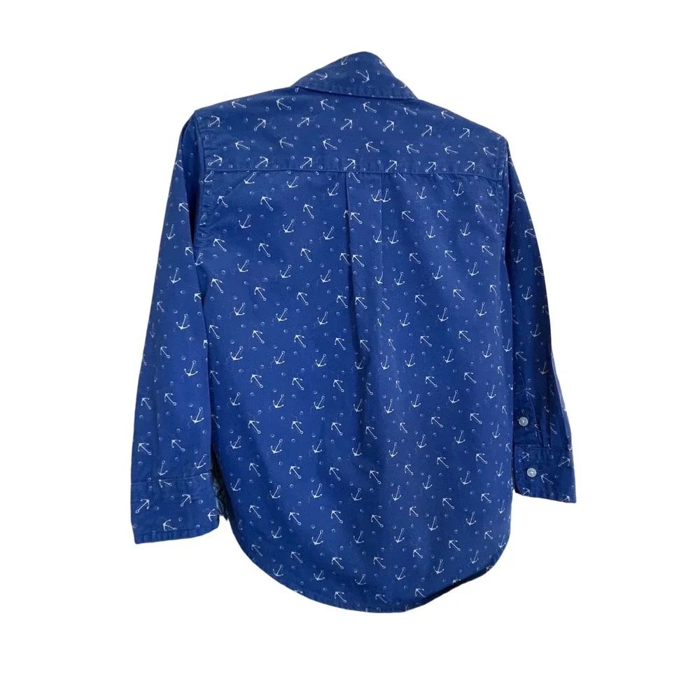 Ralph Lauren Kids Blue Anchor Print Cotton Button Down Shirt Size 4 Long‎ Sleeve